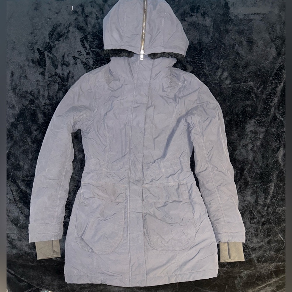 ATHLETA Womens Gray District Parka Jacket Size XXS Black Fur Hooded Coat Pockets